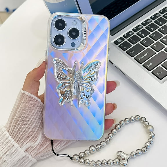 Laser Case for iPhone 15 Pro Case with Detachable Bracelet, Luxury Plating Butterfly Design with Foldable Kickstand for Women & Girls Electroplated Shockproof Protective Cover, Butterfly-E