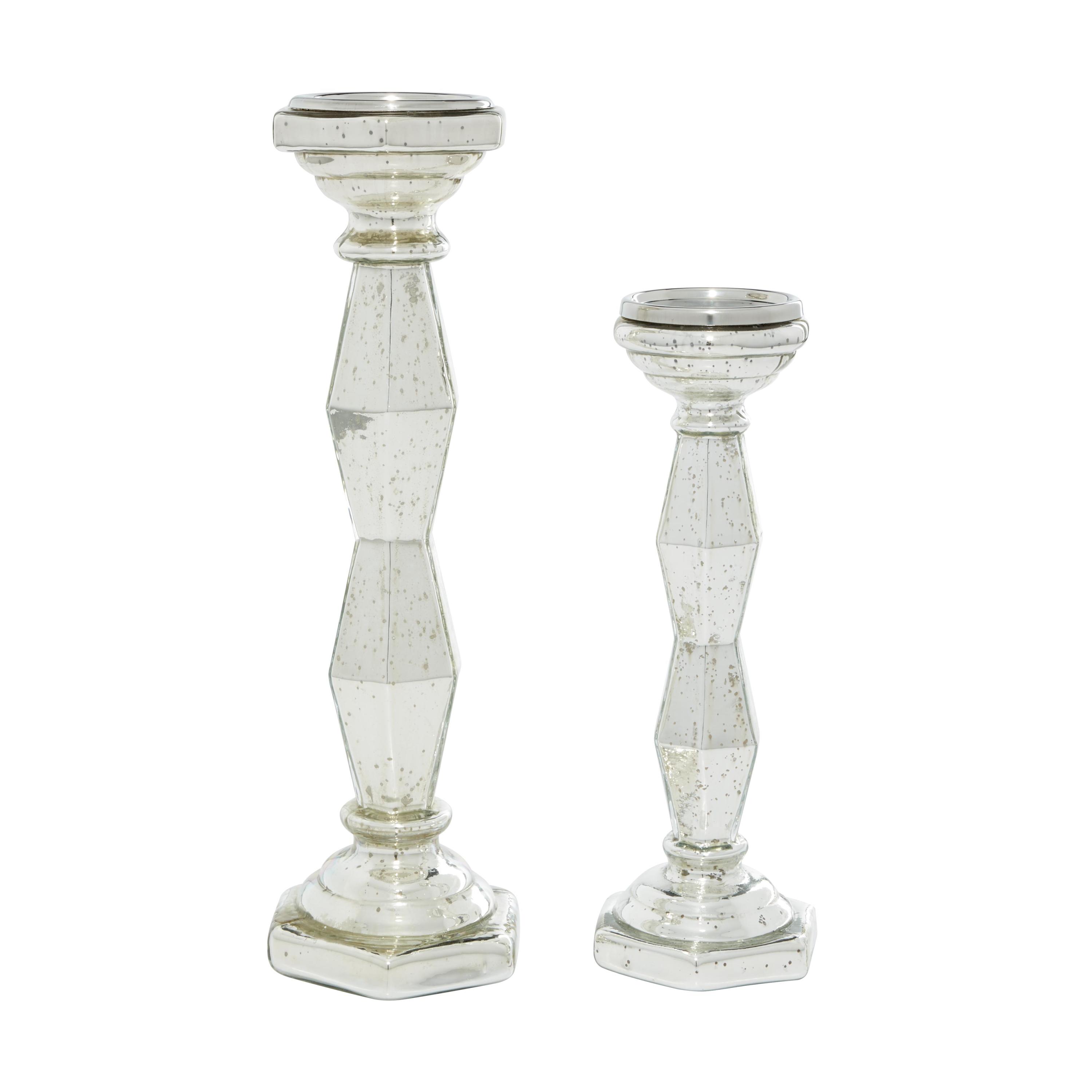 DecMode 2 Candle Silver Glass Candle Holder, Set of 2