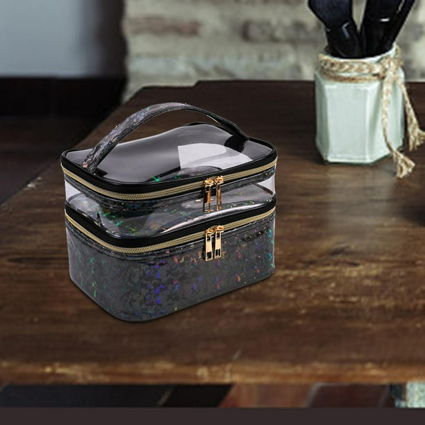 Neceser de doble capa para cosméticos, neceser , transparente, impermeable, de gran capacidad, bolsas para brochas de maquillaje, organizador Negro Colco Neceseres