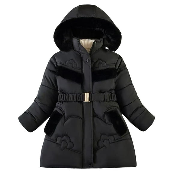 newwalpole Girls' Winter Puffer Jacket Thickened Overcoat Winter Coat with Fuzzy Lined Hood Waterproof Heavy Parka Warm Black for Size 3-4 Years