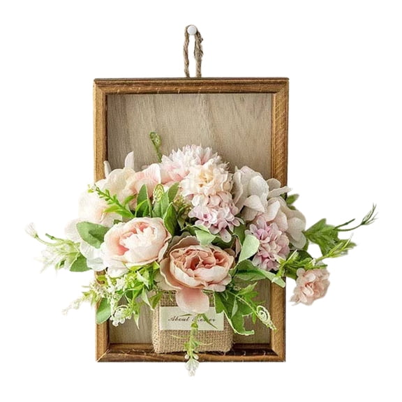 HOARBOEG Artificial Hanging Flower Set with Wooden Frame, Faux Peony Hydrangea Wall Decor, Silk Pothos Hanging Plants for Living Room, Bedroom, Office Home Decoration