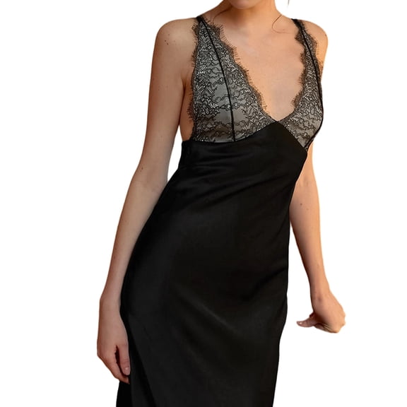 Deep V Neck Lace and Satin Maxi Dress for Elegant Evening Occasions Black L