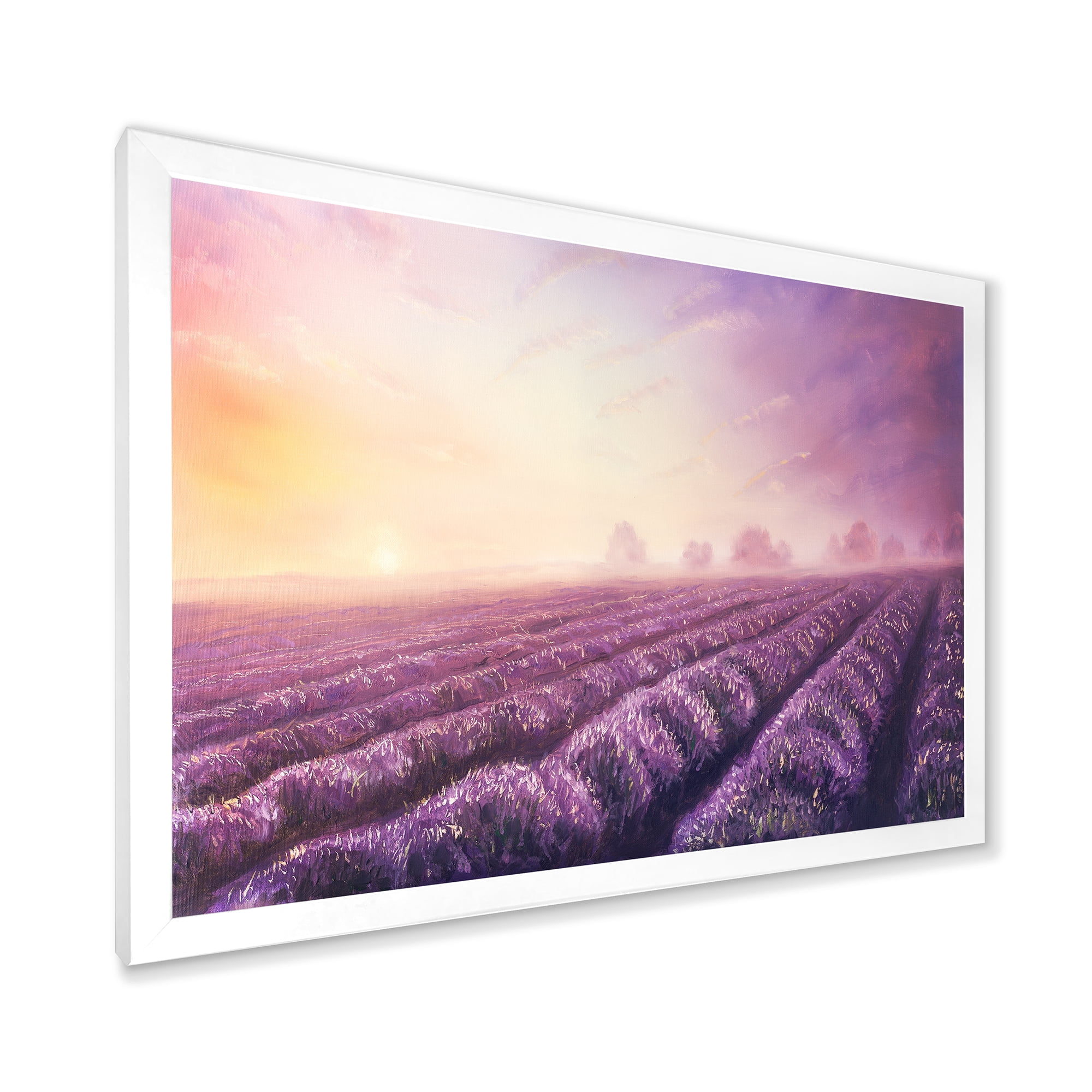 Lavender Fields During Sunrise 40 in x 30 in Framed Painting Canvas Art Print, by Designart