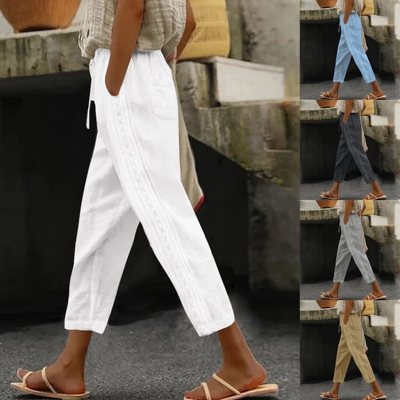 Linen Pants for Women Summer Casual High Waisted Elastic Waist Wide Leg Trousers with Pockets, Lightweight Breathable Linen Blend Palazzo Pants, Mother's Day Gifts | Sopatenor,Khaki XL