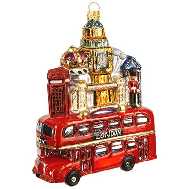 London Bus with England Building Landmarks Polish Glass Christmas Tree