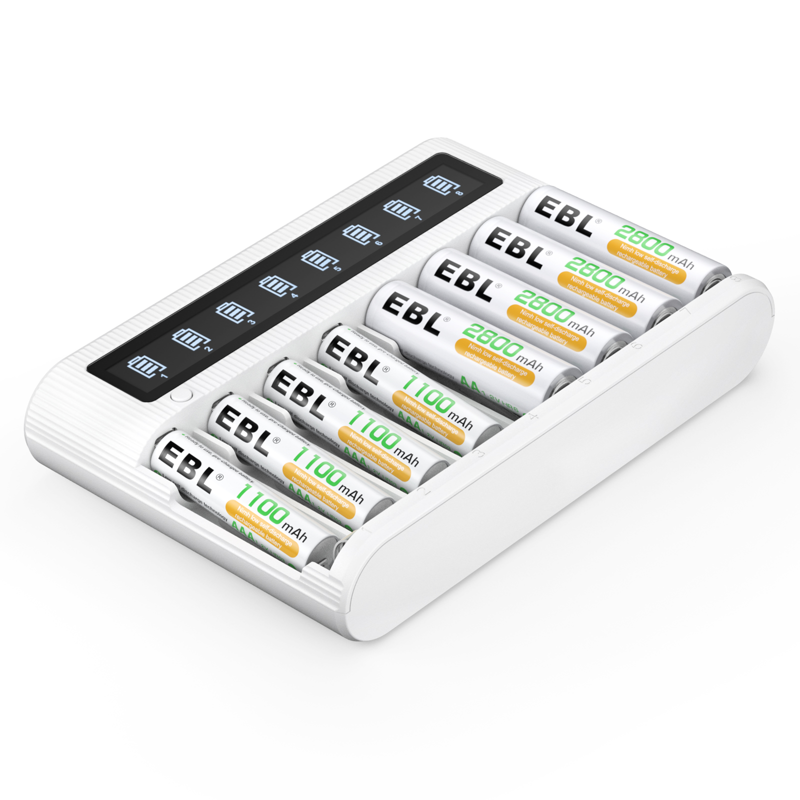 EBL 4-Pack Rechargeable AA Batteries (NiMH 2800mAh  1100mAh) AAA Batteries + Smart LCD 8 Bay Battery Charger