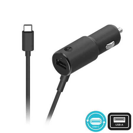Motorola TurboPower 36 Duo USB-C Car Charger- 18W USB-PD Fixed Type C Cable + 18W QC3.0 USB-A Port Simultaneous Turbo Charging for Motorola One, Moto Z, Z2, Z3, Z4, X4, G8, G7, G6 (Not G6 Play)