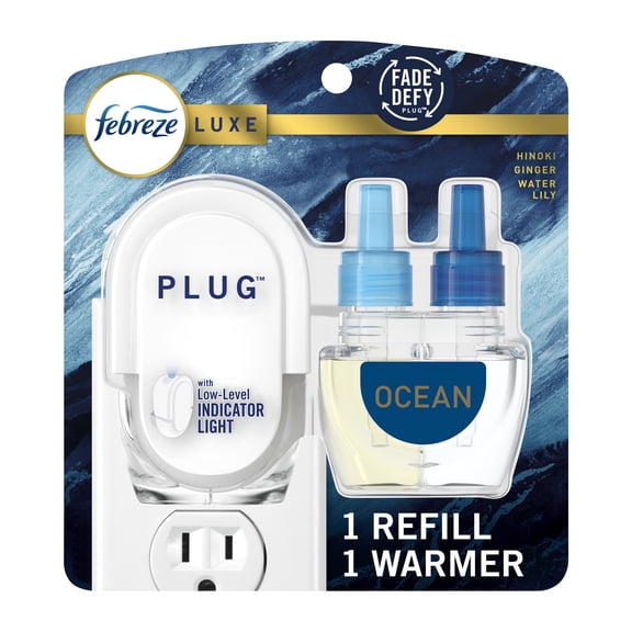 Febreze Plug In Air Freshener, Odor-Fighting Scented Oil Starter Kit, Ocean Scent, Warmer 1 Refill