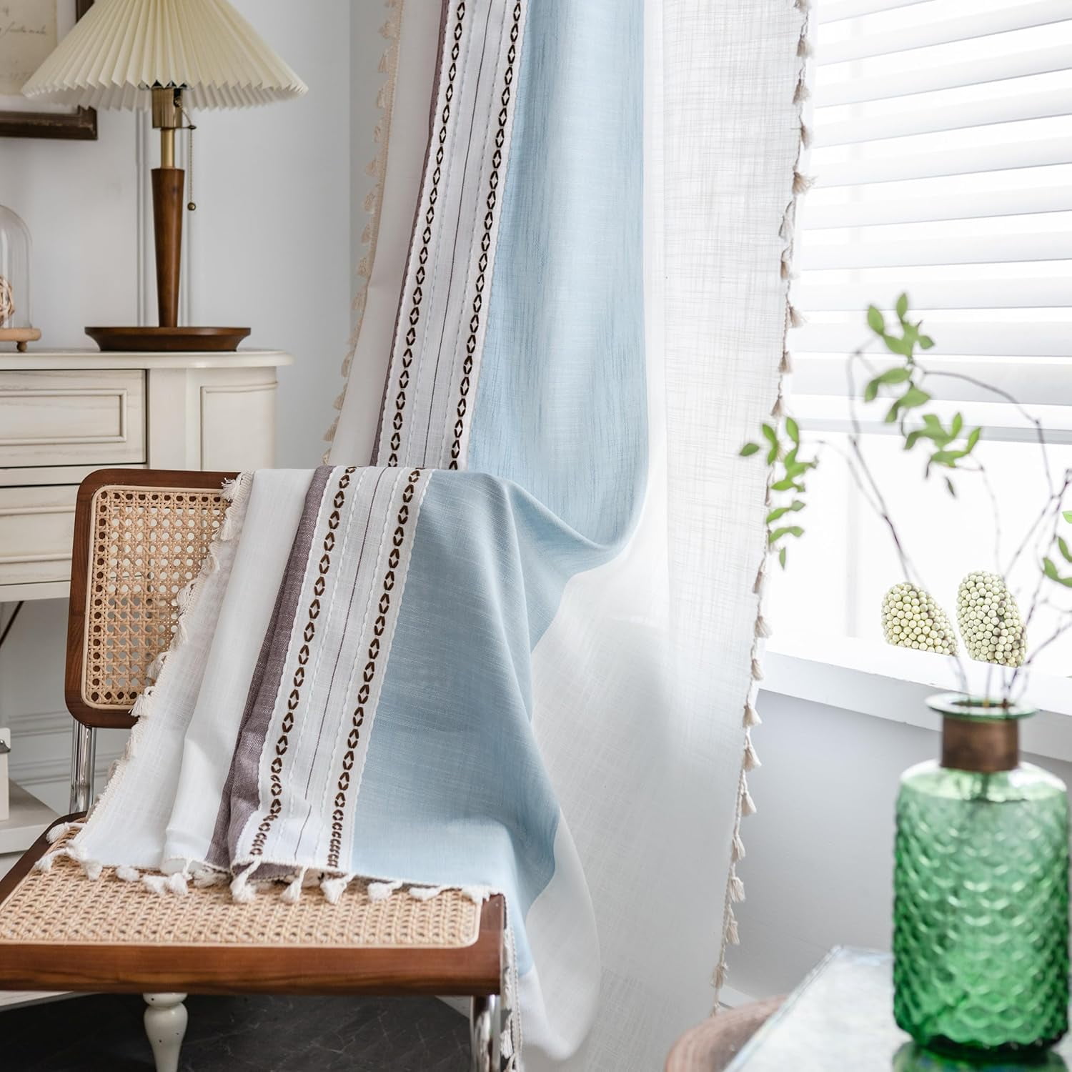 AIGIA Boho Linen Curtains for Bedroom Living Room Semi Blackout Farmhouse Tassels Bohemian Embroidery Drape Rod Pocket 1 Panel