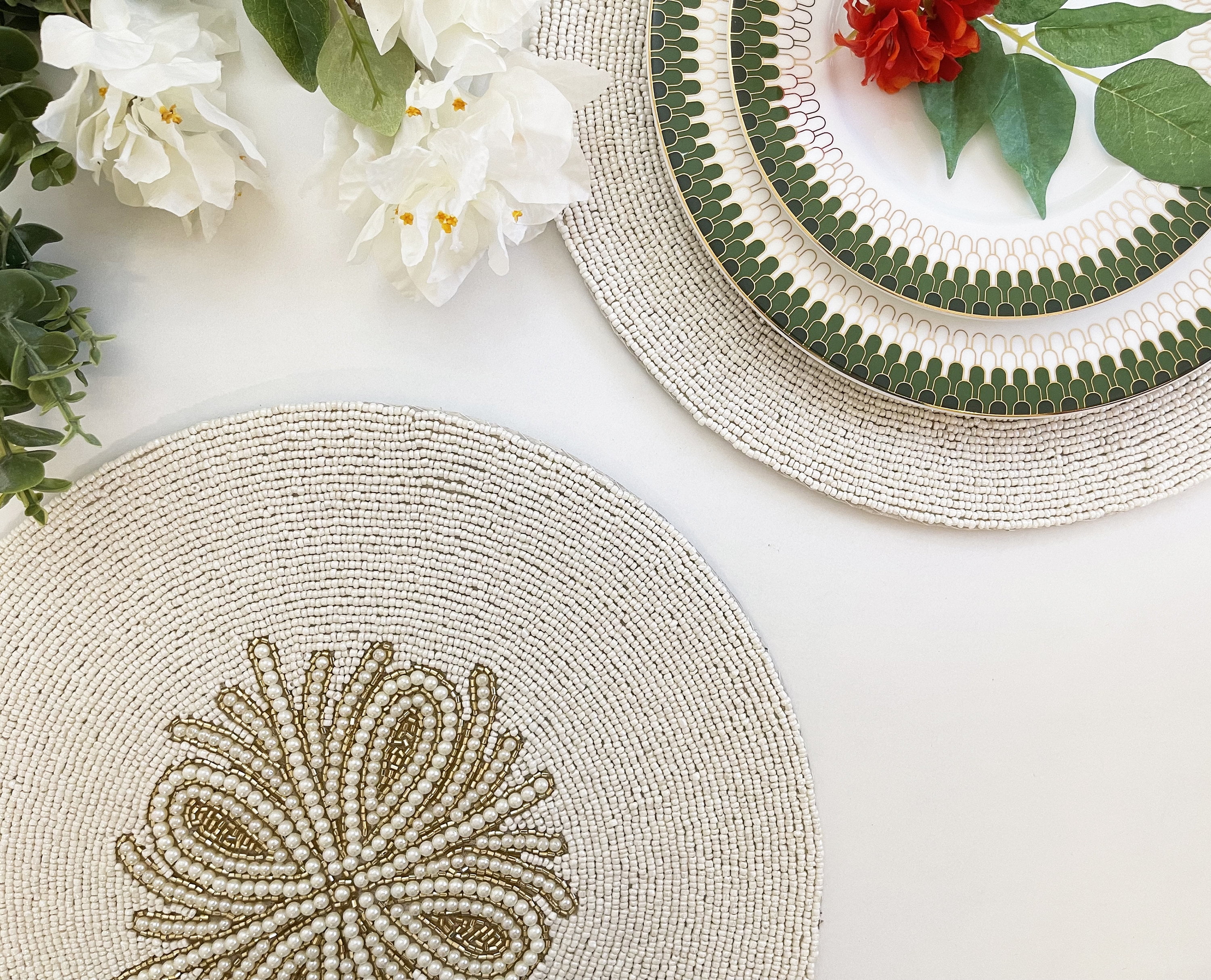 Set of 6, Handmade beaded placemat, tablemat, 14 inch, white, and gold ...
