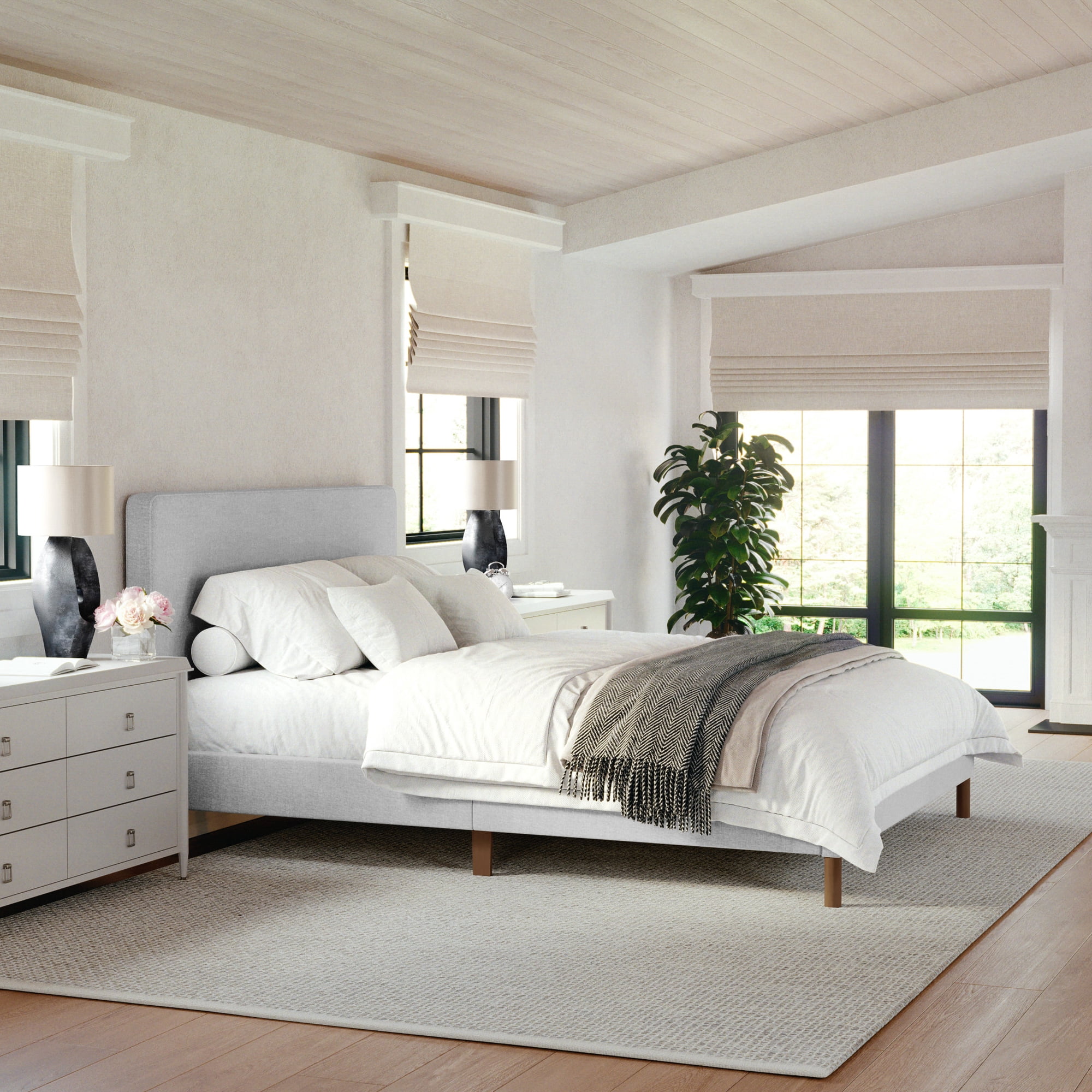 Martha Stewart Britta Queen Upholstered Platform Bed with Rounded Headboard, Piped Detailing and Cushioned Siderails, Wood Slat Bottom, No Box Spring Needed, Gray