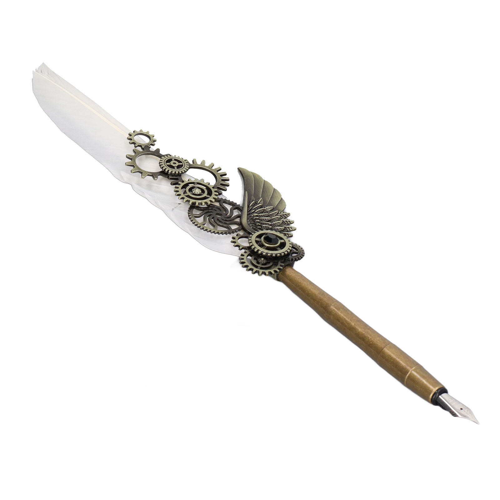 Nieyigj White Feather Pen Set Mechanical Texture Vintage Elegance Quill Ink Pen Calligraphy Art Kit with Metal Engraved Nib Notebook Stamp Perfect Corporate Gift for Desk Decor (11.4 inches / 29 cm)