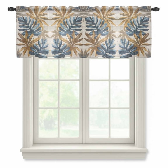 Navy Blue Brown Valance Curtains for Kitchen/Living Room/Bathroom/Bedroom Window, Rod Pocket Small Topper Half Short Window Curtains Voile Sheer Scarf, Vintage Elegant Botanical Palm Leaves 60"x18"
