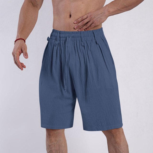 Aqestyerly Men Casual Solid Linen Drawstring Shorts,Lightweight Five‑Pocket Elastic Waist Shorts for Summer