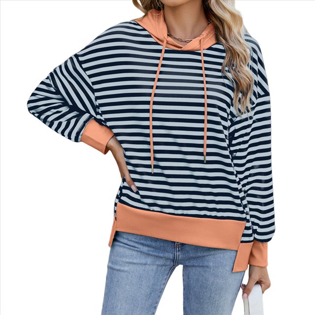 Sudadera de Rayas de Gran Tamaño para Mujer, Sudadera con Capucha de Bloques de Color, Jersey de Larga, Ropa Y2K Gris Azulado M