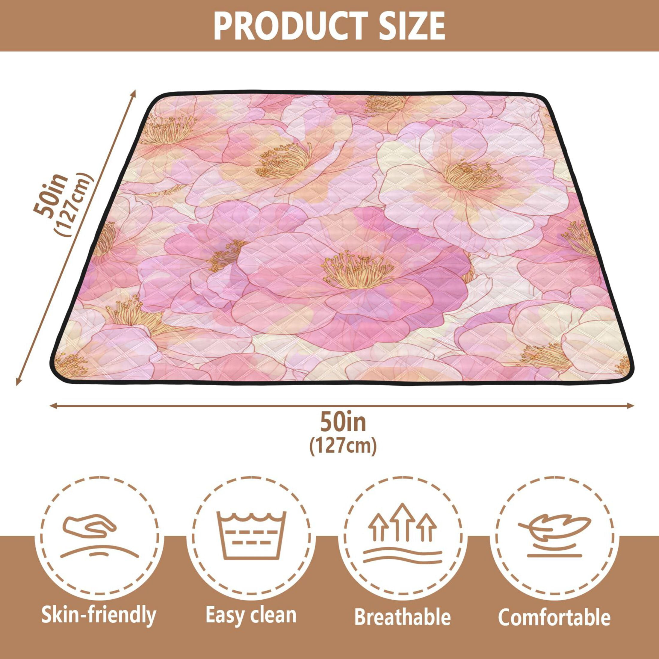 WOBOGO Pink Camellia Baby Playmats Extra Large Waterproof Rollable Activity Pads for Toddlers 50×50inch