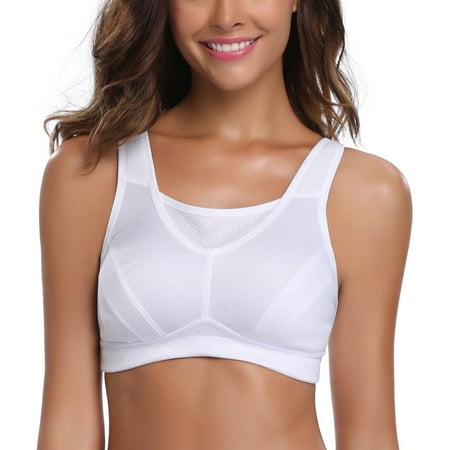 Wingslove Women s Sports Bra Full Coverage Wireless Bra Plus Size High Impact Non Padded Workout Bra White 42C