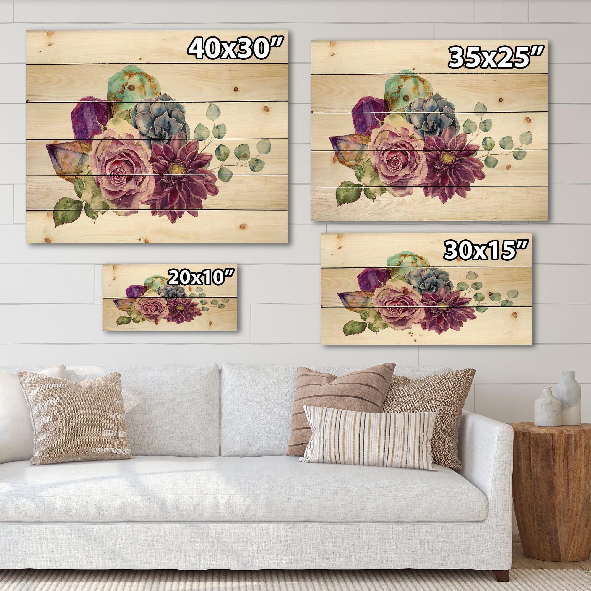 Designart 'Bouquet of Succulents Eucalyptus With Flowers' Traditional Print on Natural Pine Wood