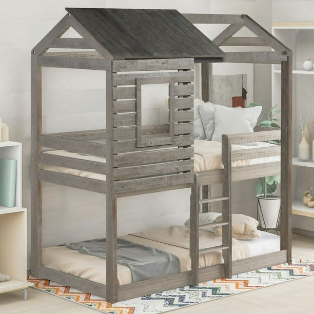 Twin Over Bunk Bed Wood Loft, Level Bunk Bed