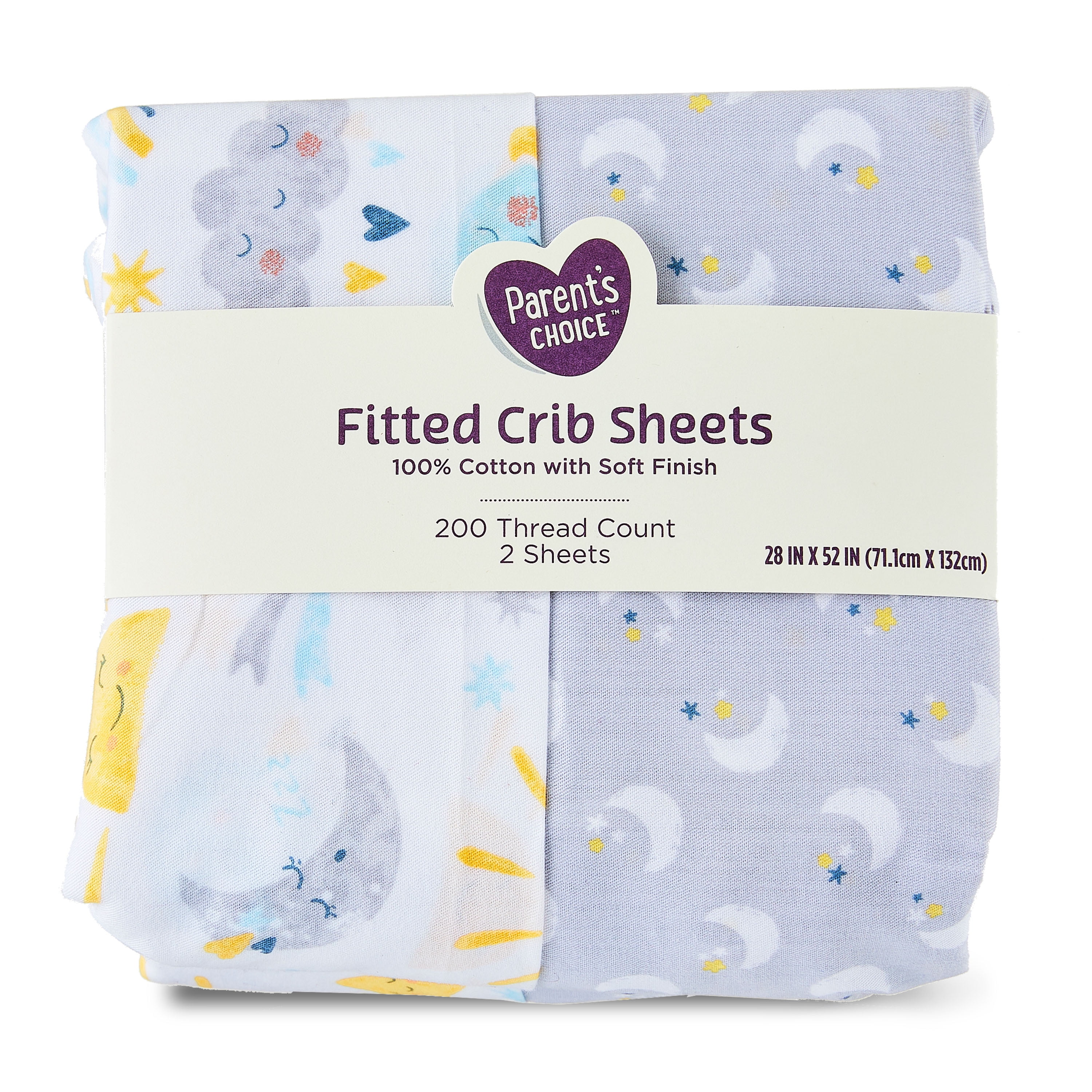 Parent's Choice Cotton Fitted Crib Sheets for Baby Boys and Girls, Moon & Stars, 2 Pack