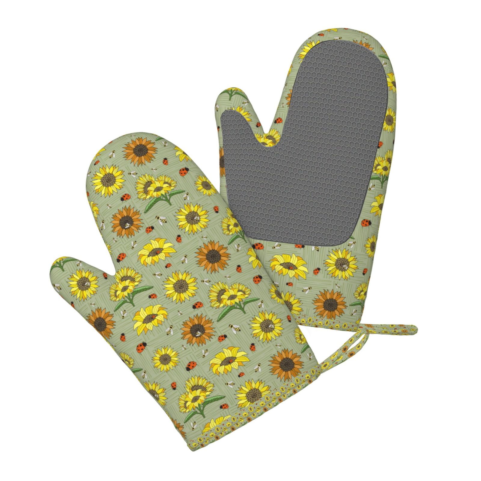 Hirioo Sage Green With Sunflowers for Silicone Oven Mitts for BBQ, Baking, Cooking, Set of 2, Heat Resistant 260℃, Non-Slip Kitchen Essentials