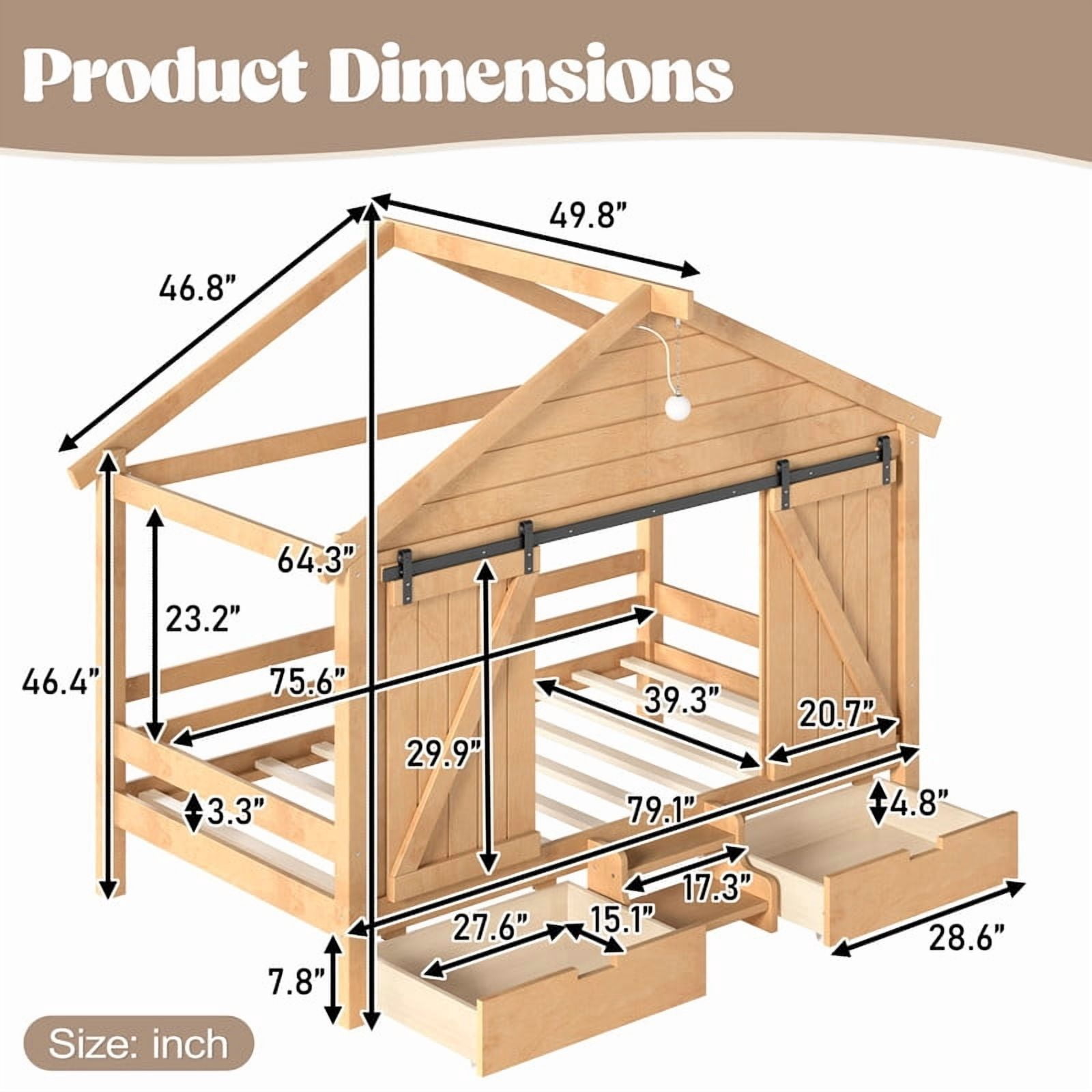 Twin Size Farmhouse House Bed with Sliding Barn Doors & Light Bulb, Wood Kid's Platform Bed Frame with Stair & Drawers