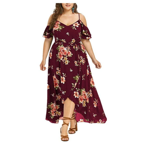 Jophufed Plus Size Summer Dresses Women Casual Short Sleeve Cold Shoulder Boho Maxi Dress Flower Print Long Dress