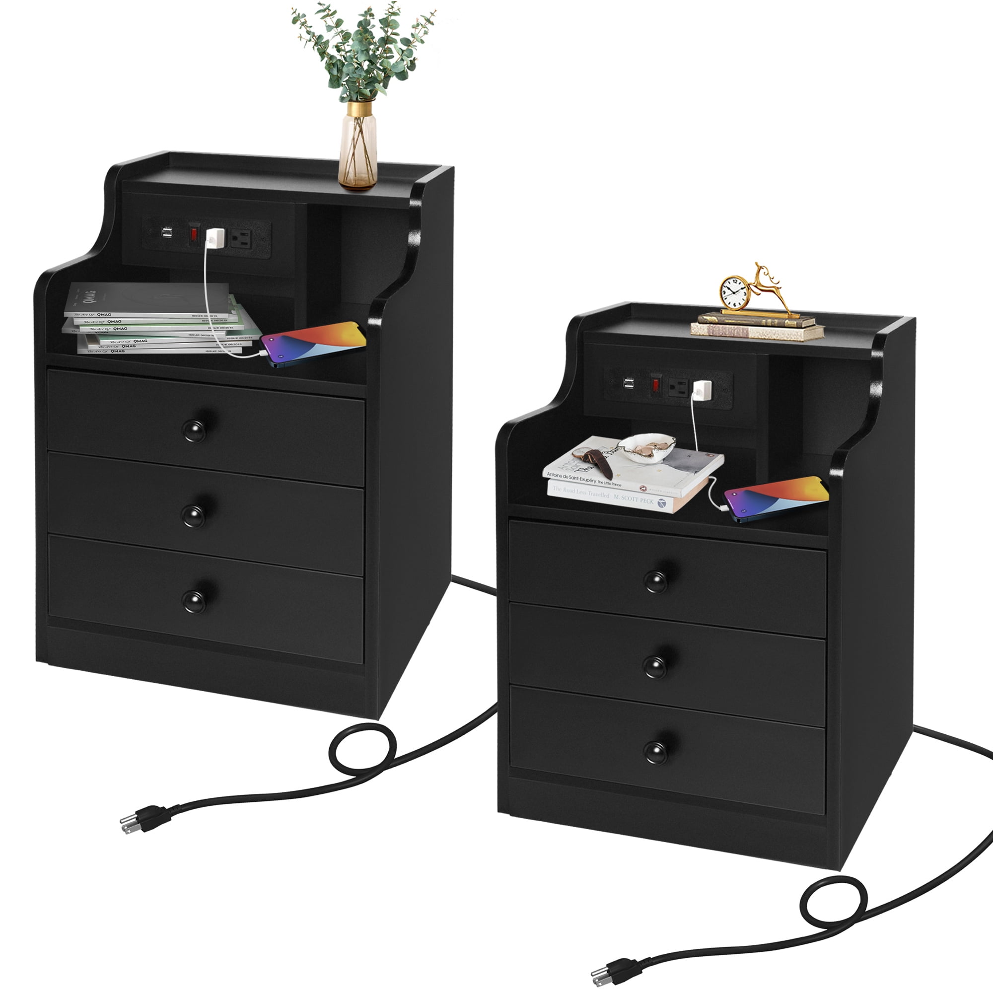 Nightstand with Charging Station, Black Nightstand Set of 2, 3Tier End Side Table with Storage