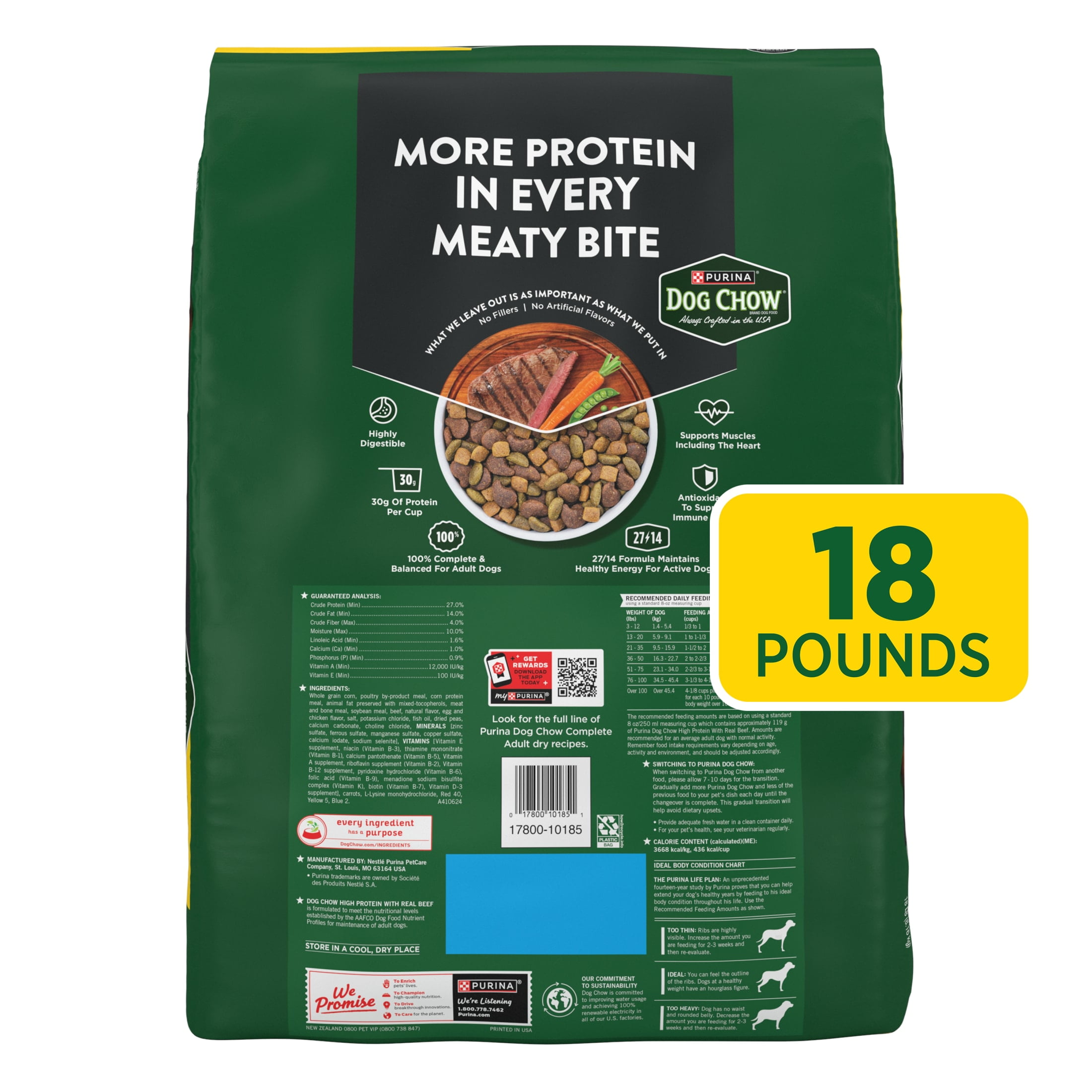 Purina Dog Chow High Protein Muscle Support Dry Dog Food with Real Beef, 18 lb Bag