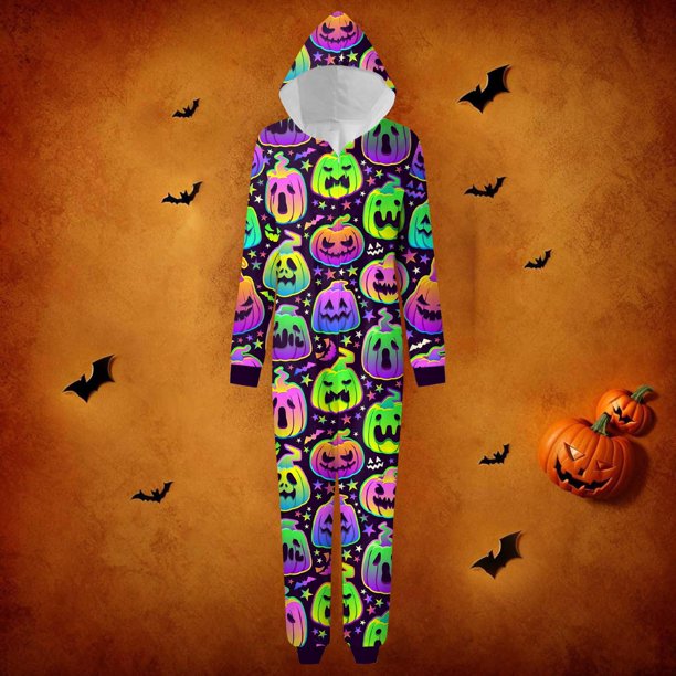Family Halloween Pjs Matching Sets Halloween Print Long Sleeve Zippered One Piece Pajama Hooded Jumpsuit Winter Halloween Pjs Family Set