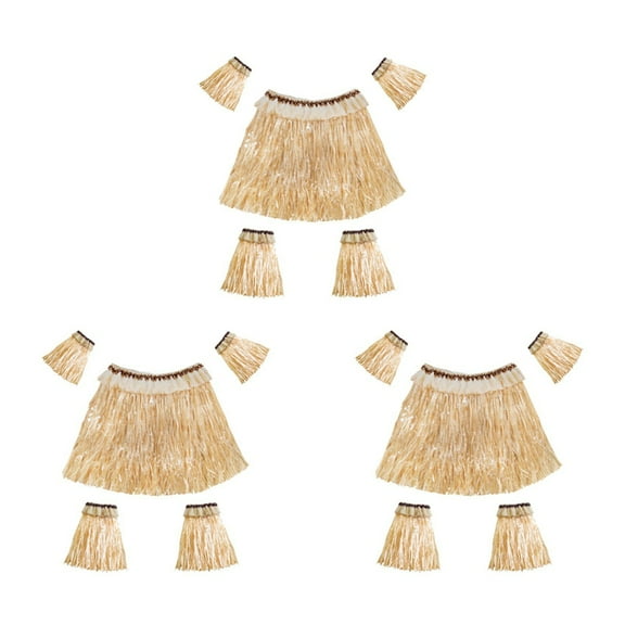 3X Hawaiian Grass Skirt Suit Elastic Arm Sleeve Feet Cover Grass Skirt Hula Dance Costume Beach (Straw Color)