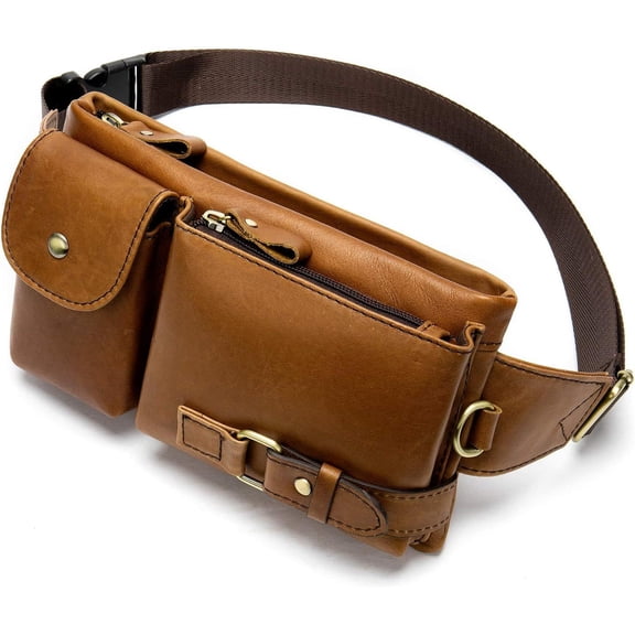 "Cowhide Waist Fanny Pack, Genuine Leather, Slim with Adjustable Waistband, Brown