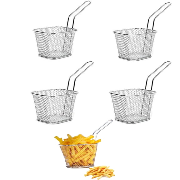 GoXteam 4 Pcs Mini Square Fry Baskets, Stainless Steel Fry Basket with Handle Steel French Fry Chip Basket French Fries Desk Food Basket Kitchen Cooking Tool