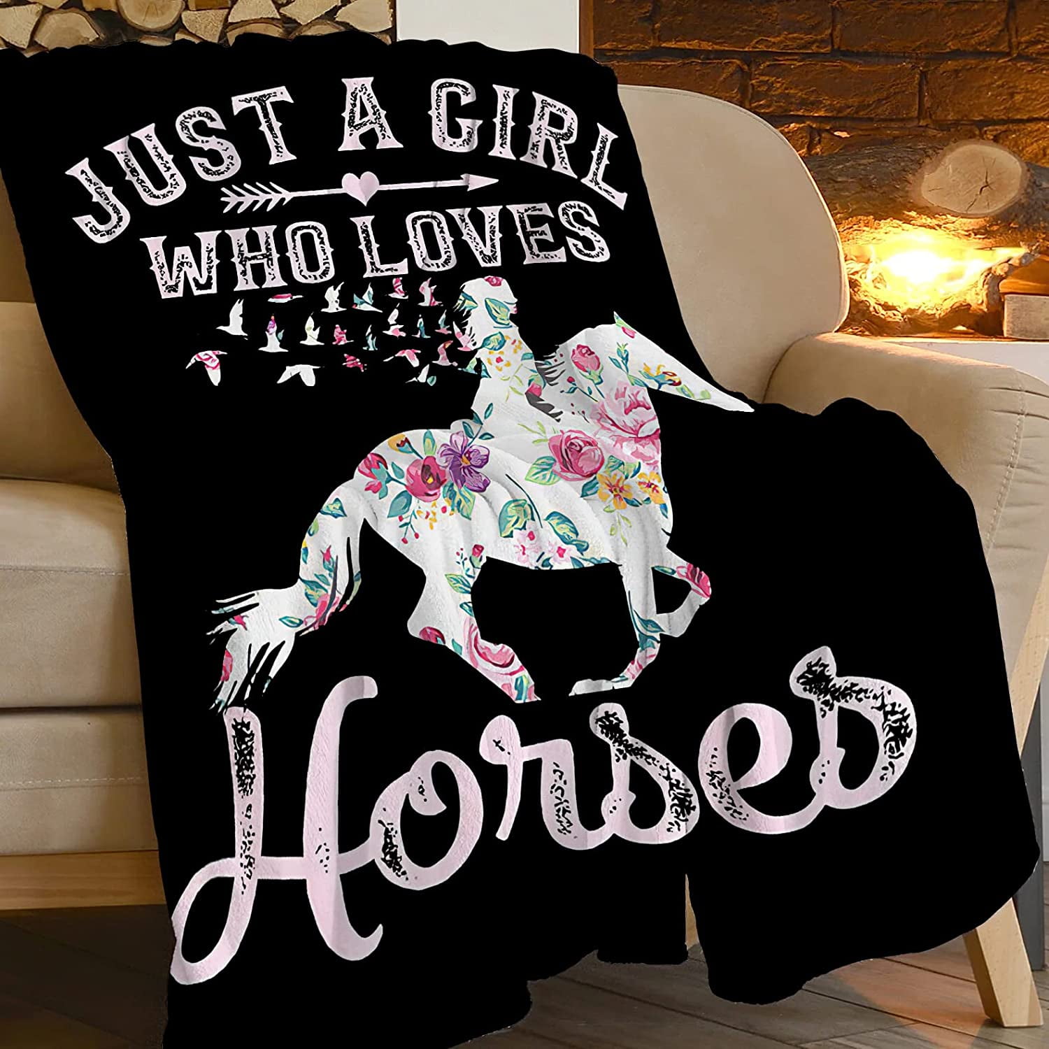 Just A Girl Who Loves Horses Blanket Horse Flower Throw Blanket for Girls Super Soft Warm Cozy