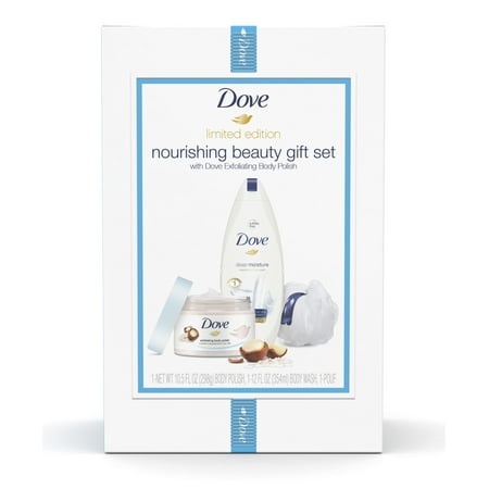Dove 3-pc Nourishing Macadamia Holiday Gift Set (Bodywash, Body Polish with Bonus Pouf)