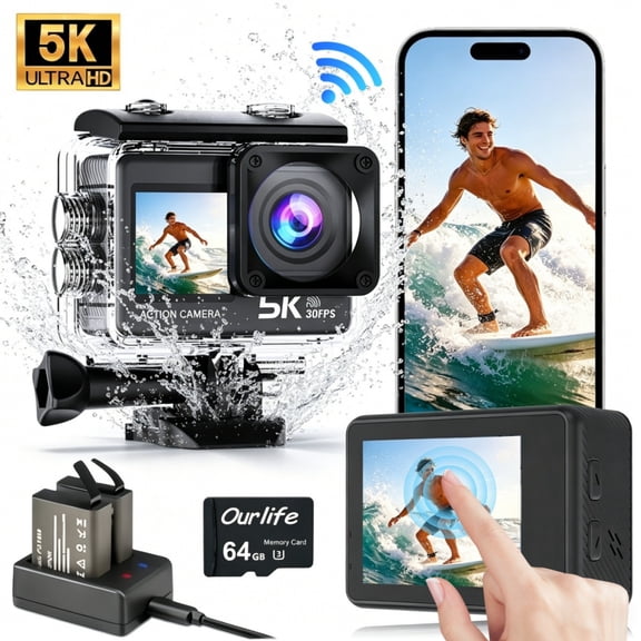 Ourlife Action Camera 5K 30FPS Waterproof Camera Underwater 100FT with EIS WiFi App Remote Control 64GB Card 170° Wide Angle Sports Helmet  Video