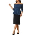 thumbnail image 2 of INSPIRE CHIC Women's Floral Lace Blouse Off Shoulder Sheer 3/4 Sleeve Peplum Top S Dark Blue, 2 of 6