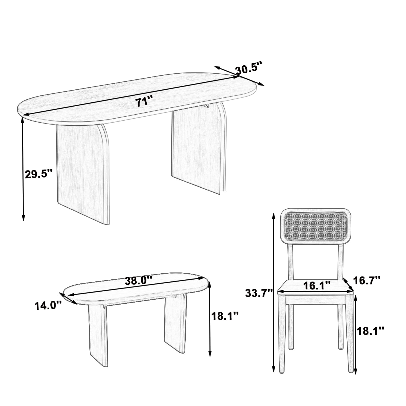 6 Piece Dining Table Set for 6, 71" Oval Dining Table with 4 Chairs and Bench