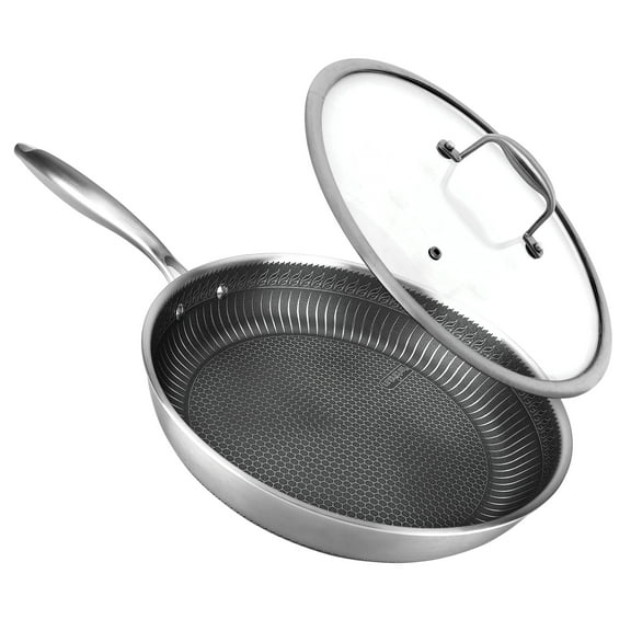 NutriChef NC3PL12 Nonstick Tri-Ply Stainless Steel Stir Fry Pan with Glass Lid, 12 inch