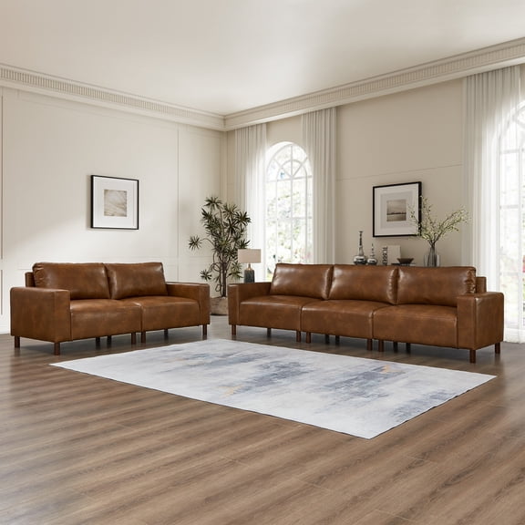 Luxury Two Pieces Sofa& Loveseat for Living Room, Apartment, Upholstered Breathable Faux Leather PU Couch (Brown)