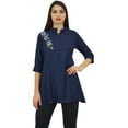 thumbnail image 3 of Phagun Women's Loose Aari Work Button Down Rayon Blue Casual Tunic Blouse - 22, 3 of 9