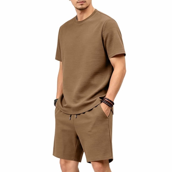 Zylanna Men's 2 Piece Outfit Sets, Solid Color Elastic Waist Casual Short Sleeve T-Shirt and Shorts Set Crew Neck Loungewear Sets for Daily Wear Brown