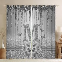 Manfei Letter Monogrammed Initial M Girl Black Out Curtains,Kawaii Bow Butterfly Curtains Pack of 2 (42x63 Each),Bling Crystal Grey Glitter Bedroom Curtains,Lightweight Room Decor