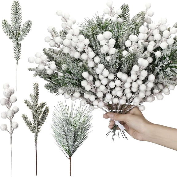 40 Pieces Christmas Snowy Pine Tree Picks Artificial Berry Stems Sprays Faux Cedar Pine Needles Branches for Holiday Arrangement Wreath DIY Garland Holiday Decor Winter Greenery (Red)