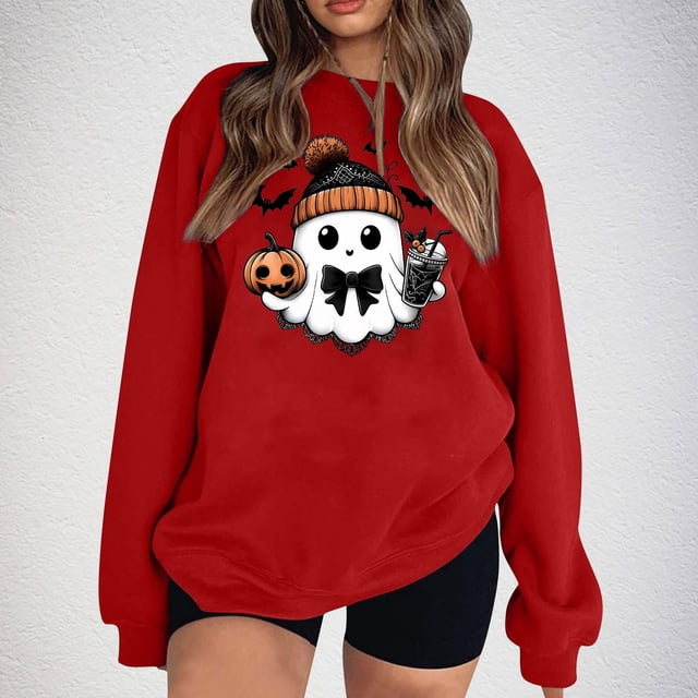 Amzcrzy Chandails en Molleton pour Femmes Halloween Chandail en Molleton Mode Imprimé Ample Manches Longues Blouse Col Rond Chandails en Molleton Sans Capuche Chandails en Molleton pour Femmes Chandails en Molleton et Chandails à Capuchon pour Femmes m