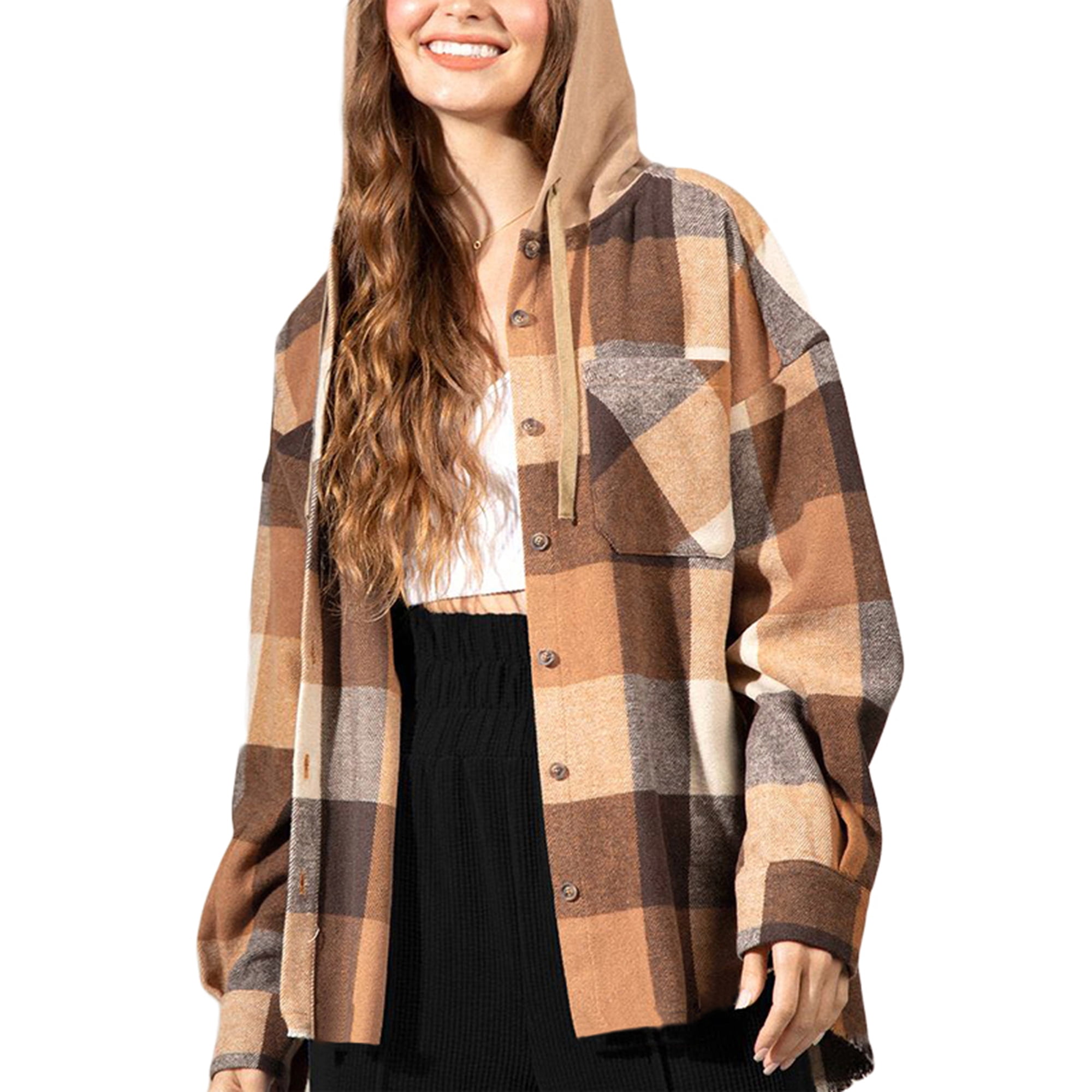 Women Flannel Plaid Button Down Hoodie Shirt Jacket Long Sleeve Shacket  Casual Oversize Tartan Coat Outwear - Walmart.com