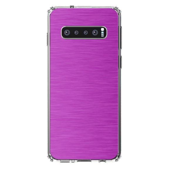 DistinctInk Clear Shockproof Hybrid Case for Samsung Galaxy S10 (6.1" Screen) - TPU Bumper, Acrylic Back, Tempered Glass Screen Protector - Hot Pink Stainless Steel Image - Printed Image of Stainless