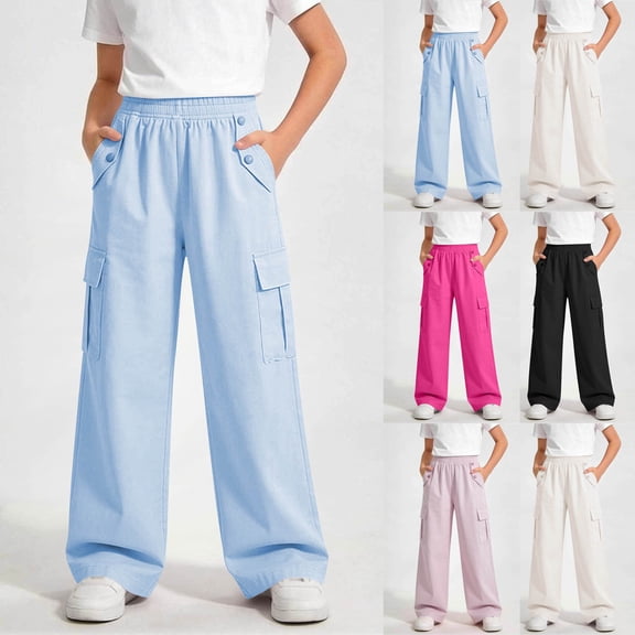 WAVSUF Girls Cargo Pants High Waist Lightweight Wide Leg Summer Ice Silk Outdoor Hiking Pants Black Size 12