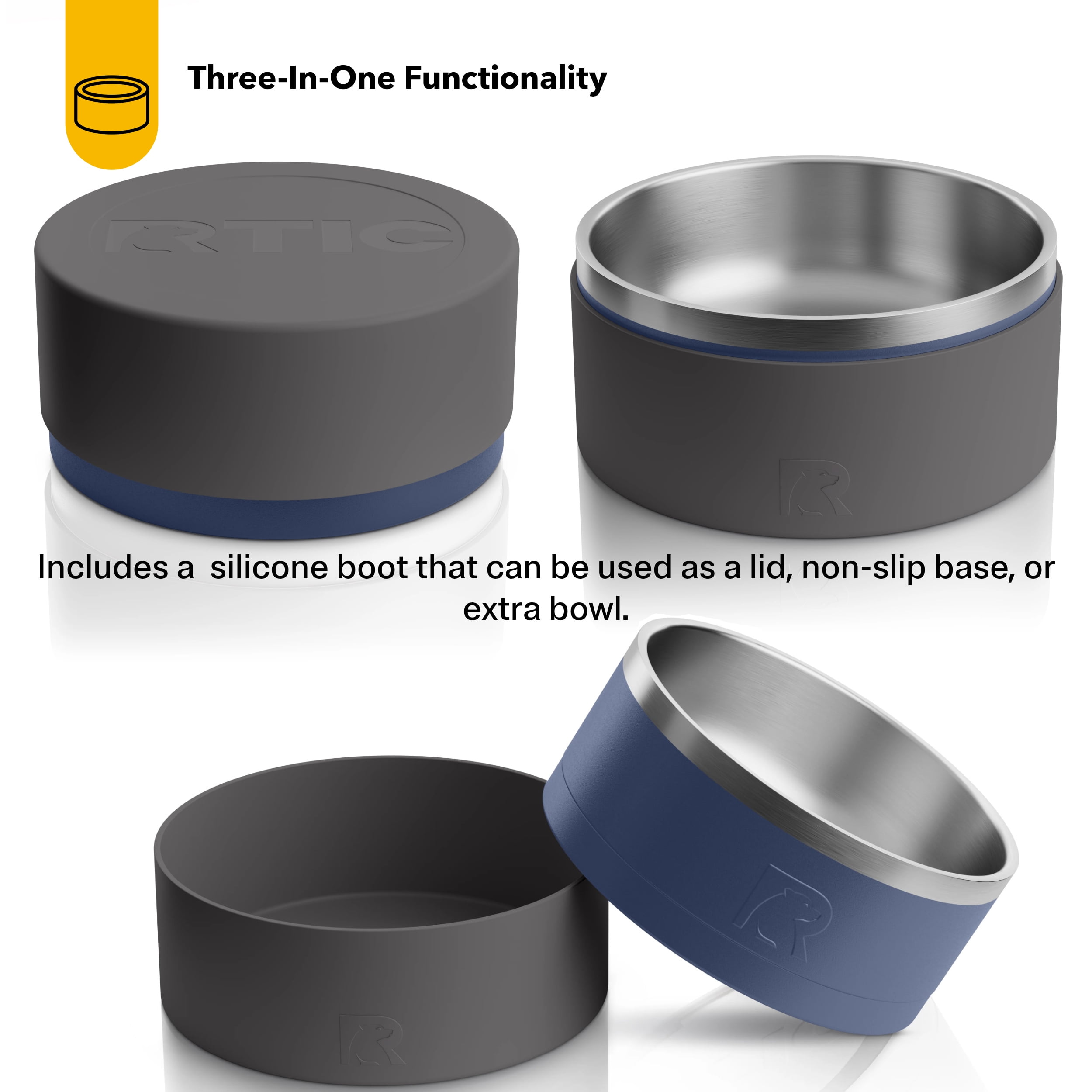 RTIC 3-in-1 Dog Bowl, Large, Stainless Steel Insulated Bowl, Silicone Lid, Navy & Graphite