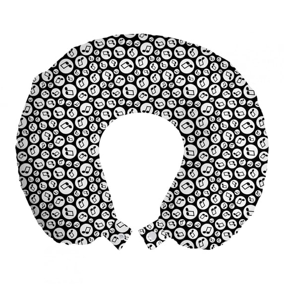 Music Travel Pillow Neck Rest, Fun Music Tones Pattern Inside Circular Hoops Band Party Disco Tempo Punk Print, Memory Foam Traveling Accessory Airplane and Car, 12", Black White, by Ambesonne